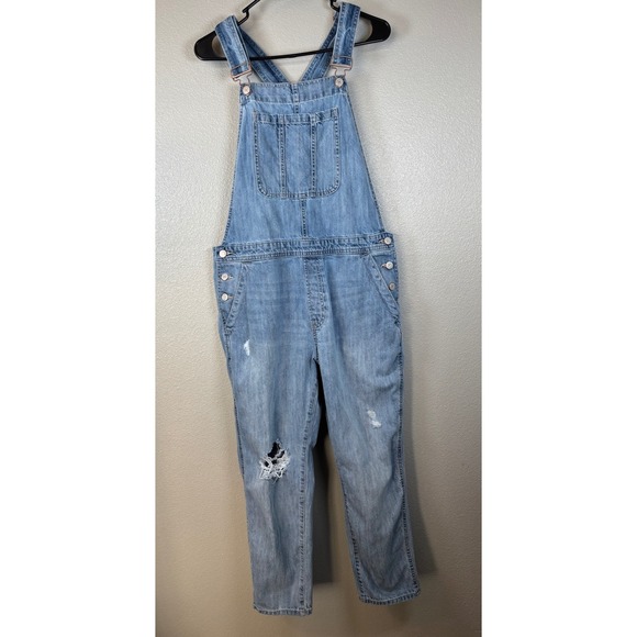 GAP Denim Overalls Womens M Medium Light Wash Distressed Ripped Bib Overalls - Picture 1 of 10